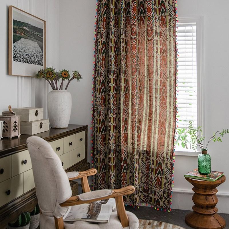 Bohemia Cotton Linen Curtain with Colorful Fringe Geometry Semi-shading Home Decor Thick Kitchen Short Curtain for Living Room