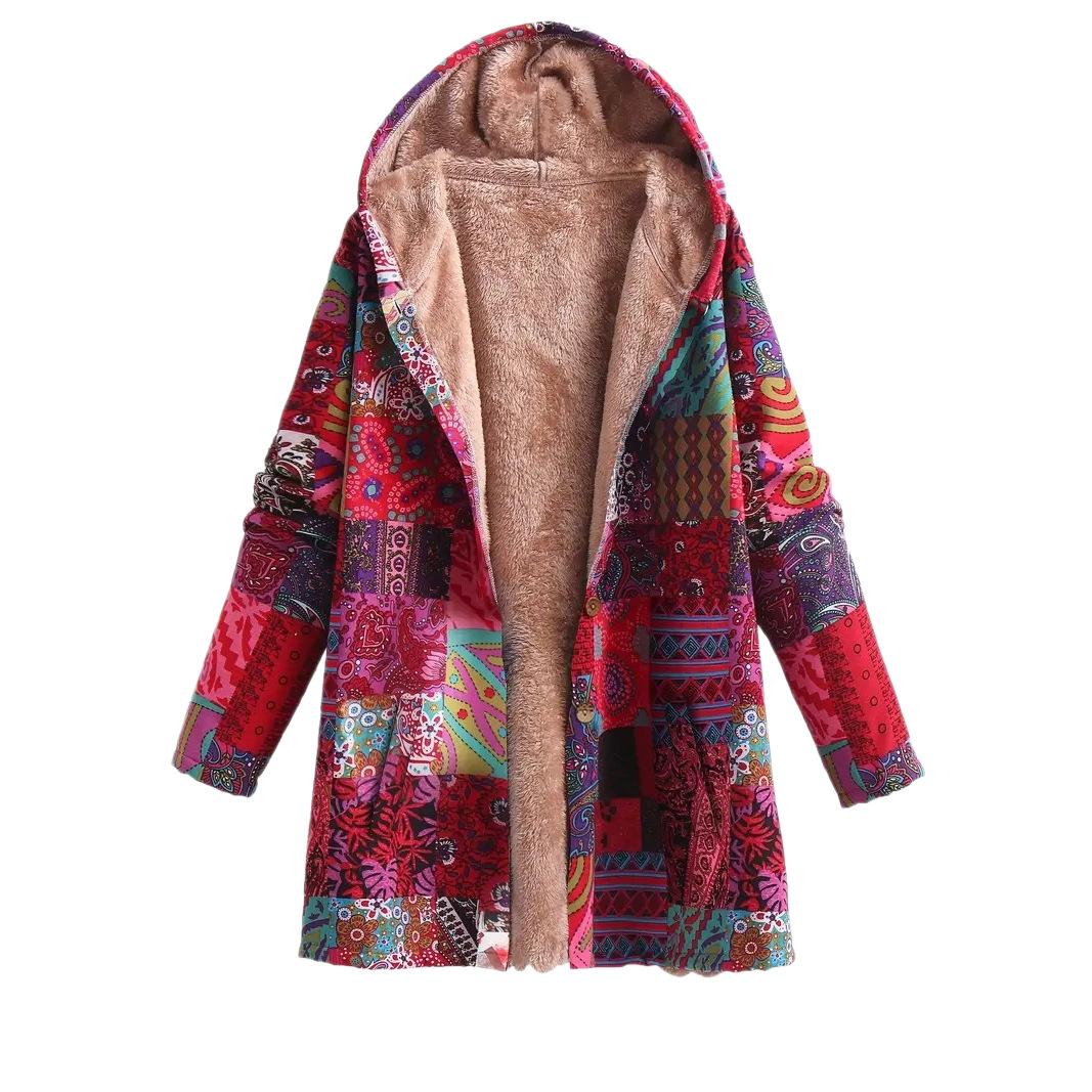 

Hot autumn and winter new ethnic style hooded cotton-padded coat loose medium and long printed coat women 5XL червоний