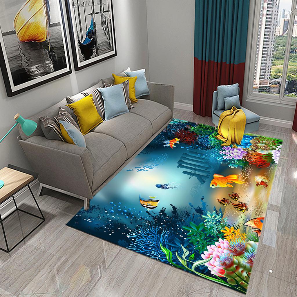 Underwater World Ocean Theme Carpet Cute Dolphin Octopus Sea Turtle Pattern Anti-slip Floor Mat for Living Room Bedroom Bathroom