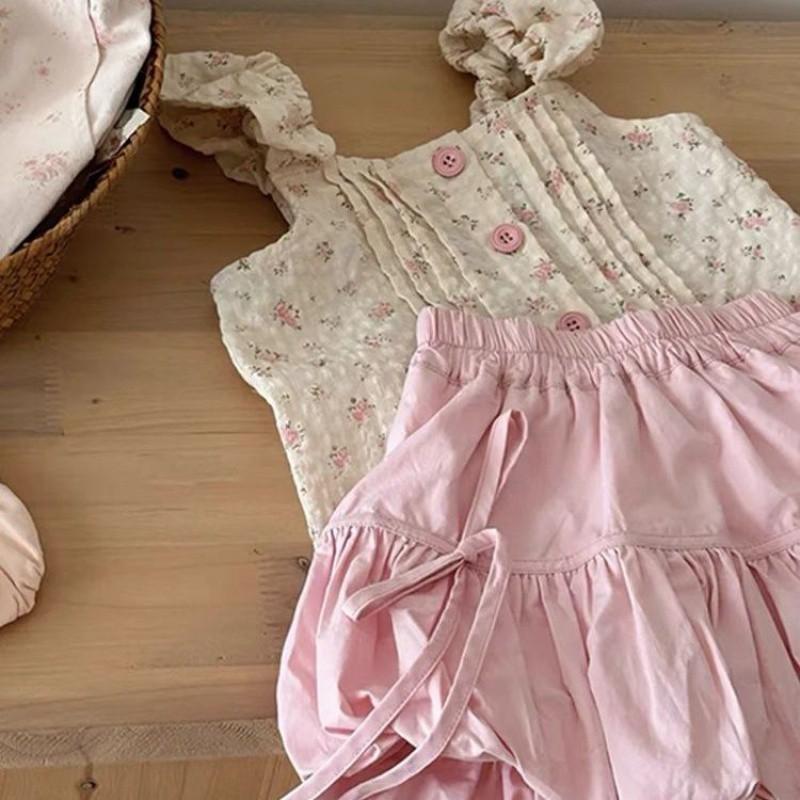 

Adorable 2024 Floral Print Two Piece Set For Girls Featuring Sweet Sleeveless Top And Stylish Bow Shorts Shorts,130cm/51.18in