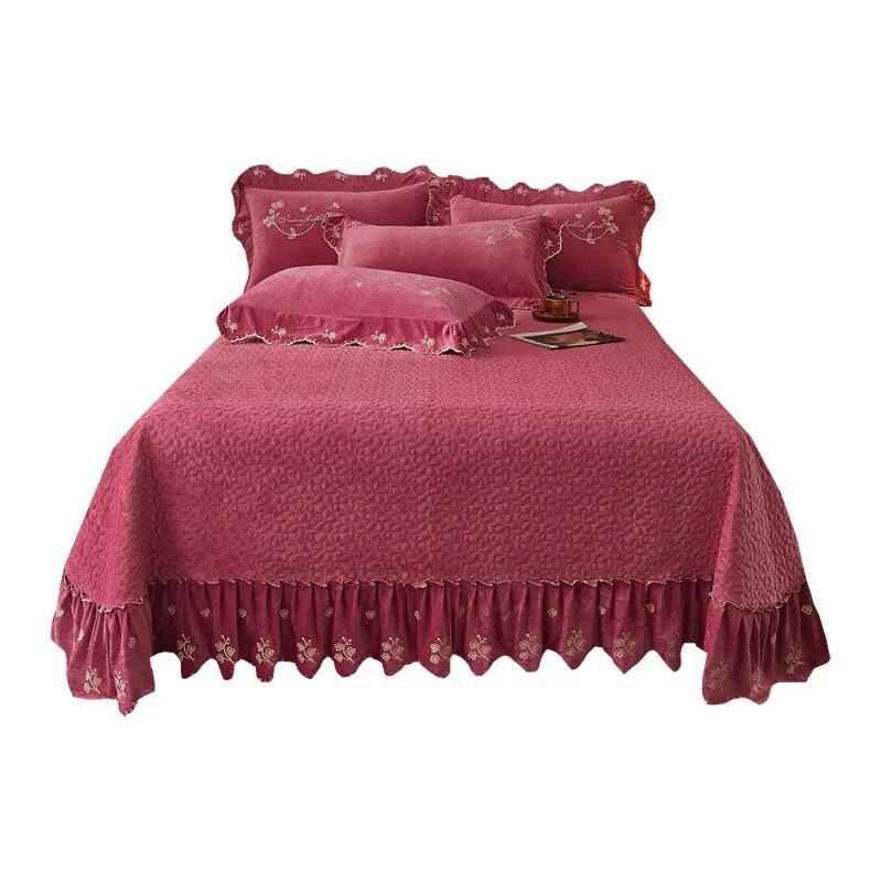 Thickened Velvet Bedspread Coverlet Quilted Soft Bed Sheet Embroidery Ruffle Skirt Queen King Size 3pcs Droppshipping
