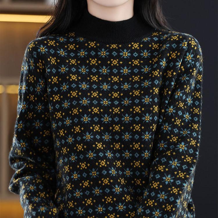 Svetr s polovičním rolákem Dámský Podzimní a zimní Květinový Ležérní Pletený svetr Top Módní Volný Nadměrný Pulovr