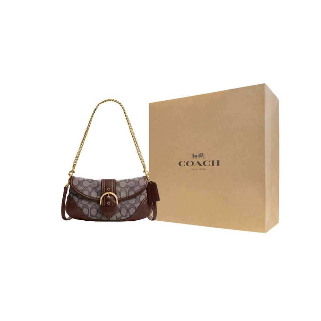 Coach Soho Flap 25 Klassische Monogramm Kettenschultertasche Beschichtetes Canvas und Leder Damen Schultertasche Braun CAN45-B4S0M
