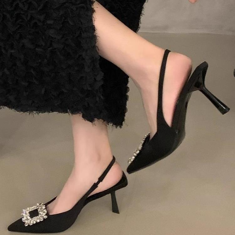 Summer gentle temperament thin heels high heels women go out baotou rhinestone single shoes solid color pointed toe sandals
