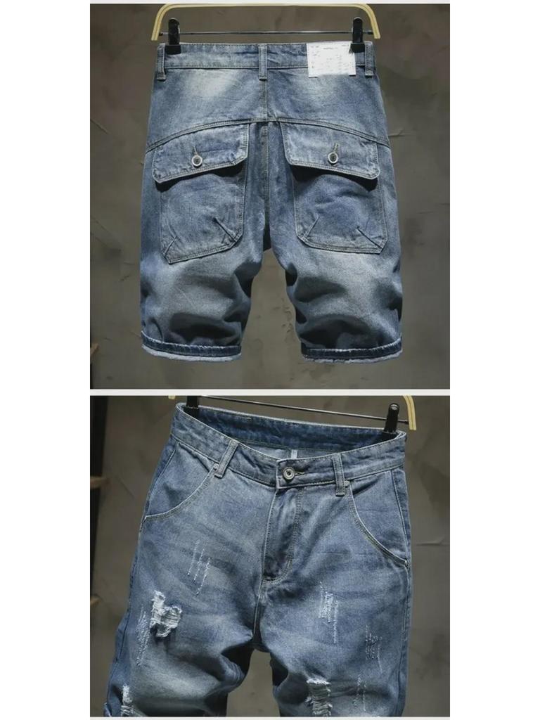 Boys' Slim Fit Light Blue Ripped Denim Shorts with Whisker Print
