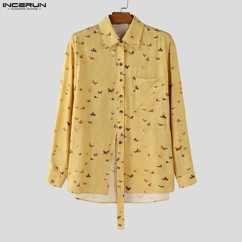 INCERUN Oversized Men Lapel Neck Long Sleeve Floral Print Buttons Casual Loose Shirts