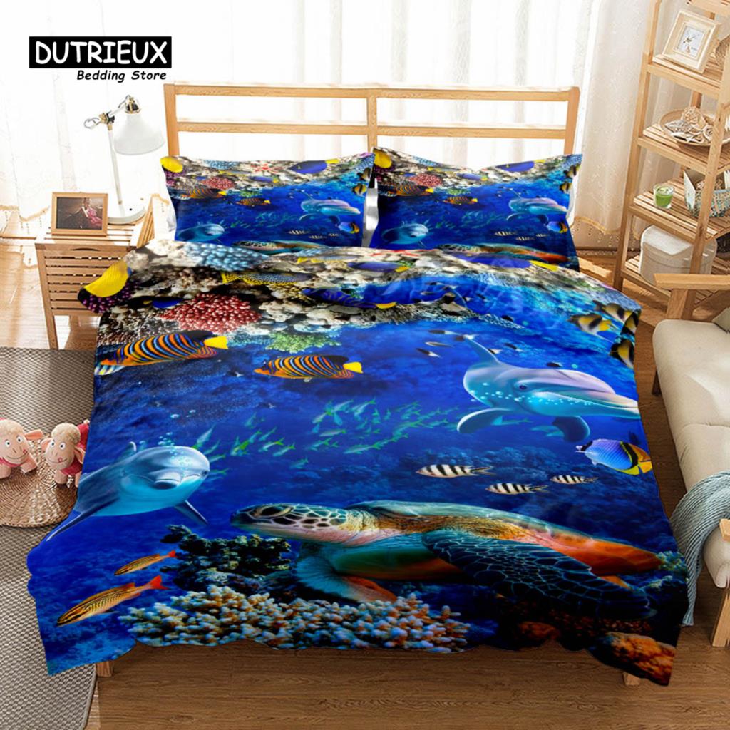 Marine Lives 3D Colorful Turtle Duvet Cover Set, Fashion Bedding Set, Soft Comfortable Breathable Duvet Cover