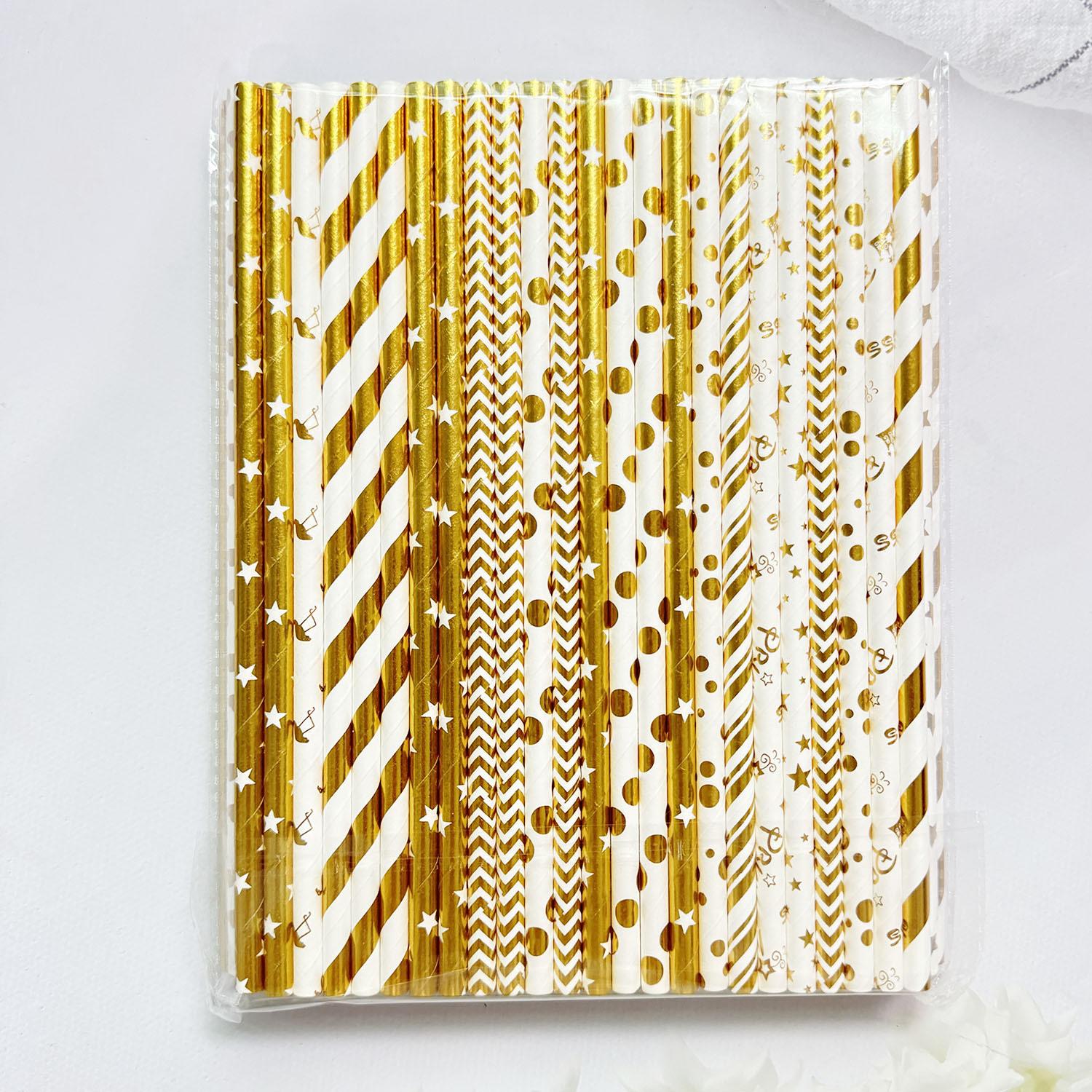 50pcs Golden Foil Paper Straws Biodegradable Striped Wave Polka Dot Disposable Drinking Straws For Party Wedding Birthday 50pcs-mixed patterns