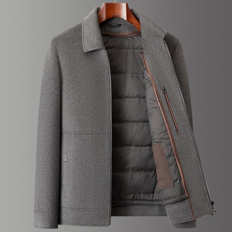 Men's Double-Sided Cashmere Lapel Jacket: Winter Business Wool Outerwear with Down Liner, Thick and Stylish for Middle-Aged Men.