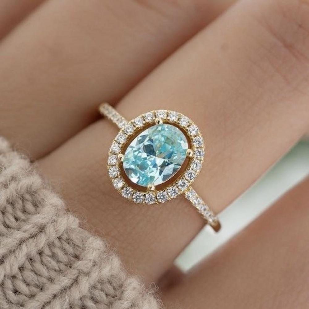 Luxury New Internet Celebrity Ins Fashion Sea Blue Zircon Ring, Simple Women's Jewelry Small Fragrant Style Gold-plated Jewelry