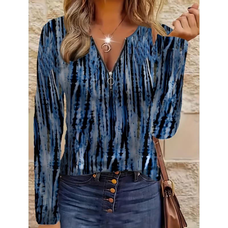 Women's spring and autumn fashionable long-sleeved zipper T-shirt - 3D full body digital printing design party wear