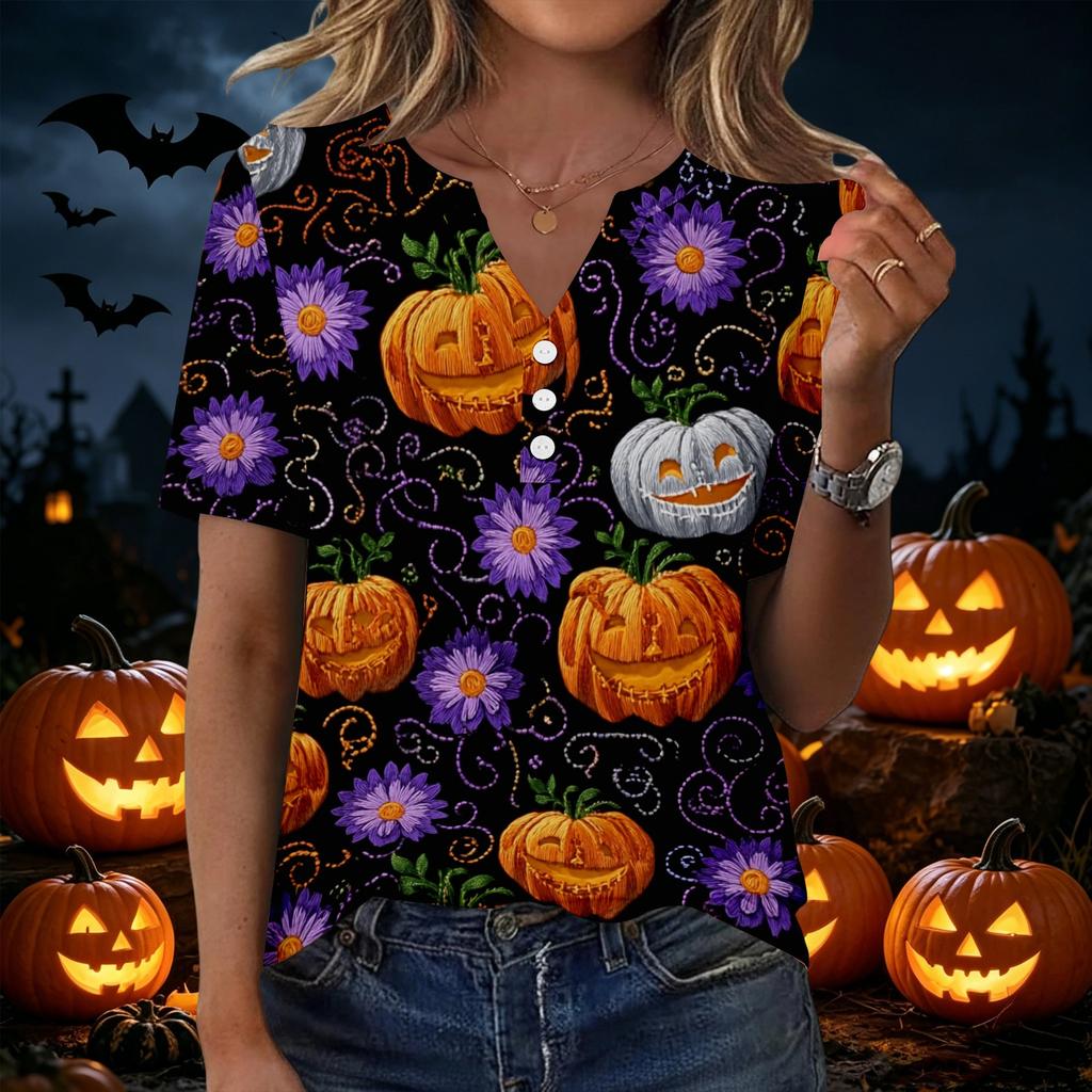 Women's Casual V Neck Button Front Halloween Print T Shirt Top with Three Quarter Sleeves Lightweight Comfortable Fit