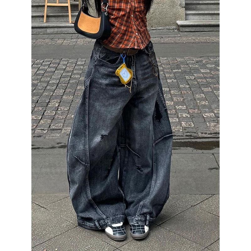 BeatStreet Schwarze Jeans Damen Vintage High Waist Cargo Jeans Straight Lässig Locker Große Größen Weiter Bein Denim Baggy Hose Y2K
