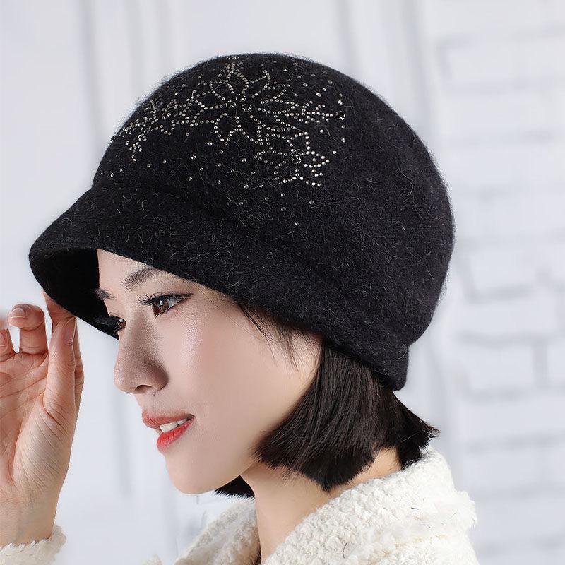 Autumn Winter Velvet Warm Woolen Hat for Women Fashionable Rhinestone Flower Rabbit Hair Knitted Hat Outdoor Windproof Ear Protection Hat