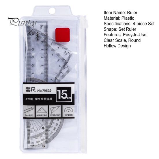 1 Set Transparent Ruler Easy-to-Use Clear Scale Round Hollow Design with Set Squares Protractor Stationery Learning Tools