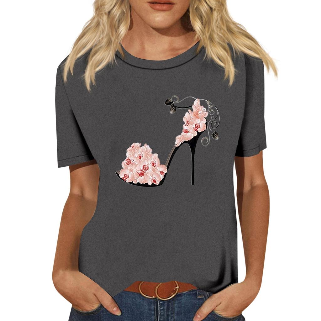 Women's Casual High Heels Floral Print Casual Short-sleeved T-shirt Pullover Round Neck Short-sleeved Top
