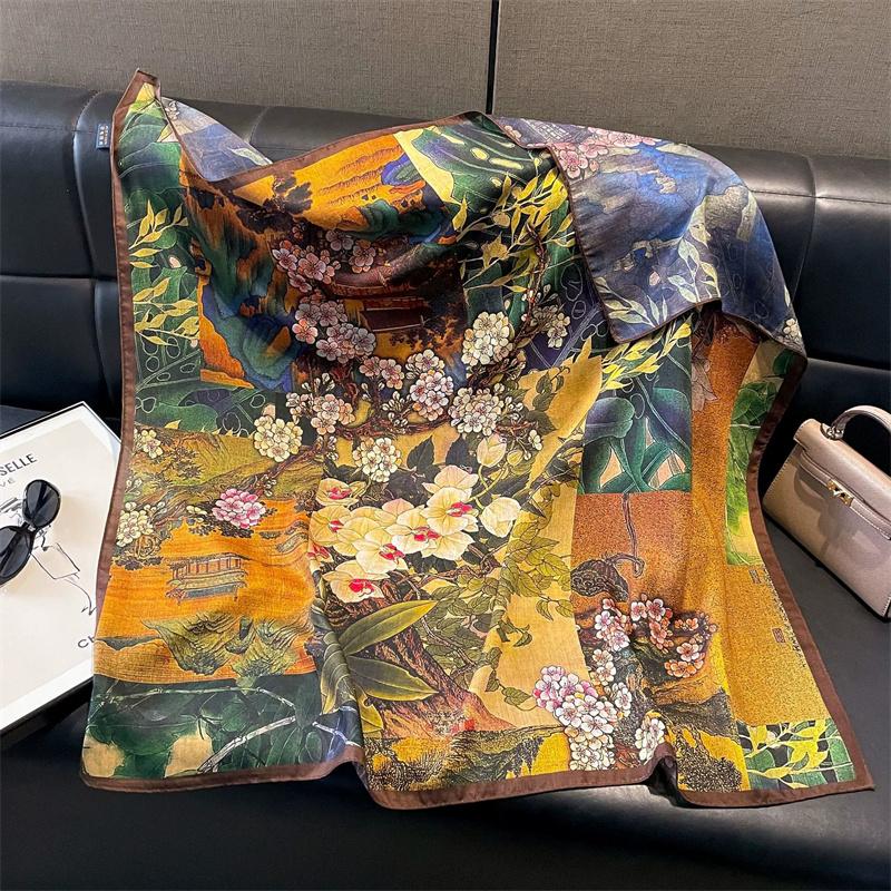Double-Sided Faux Silk And Wool Printed Scarf For Women Spring And Autumn 90Cm Square Scarf Foulard Bandana Femmel Headscarf