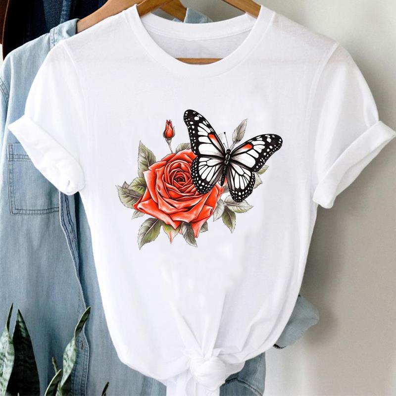 (Asian Size) Printed Clothing Top Fashion Short Sleeve T-shirts Women vintage butterfly flower Graphic Tee Lady Female Casual T Shirt Tees