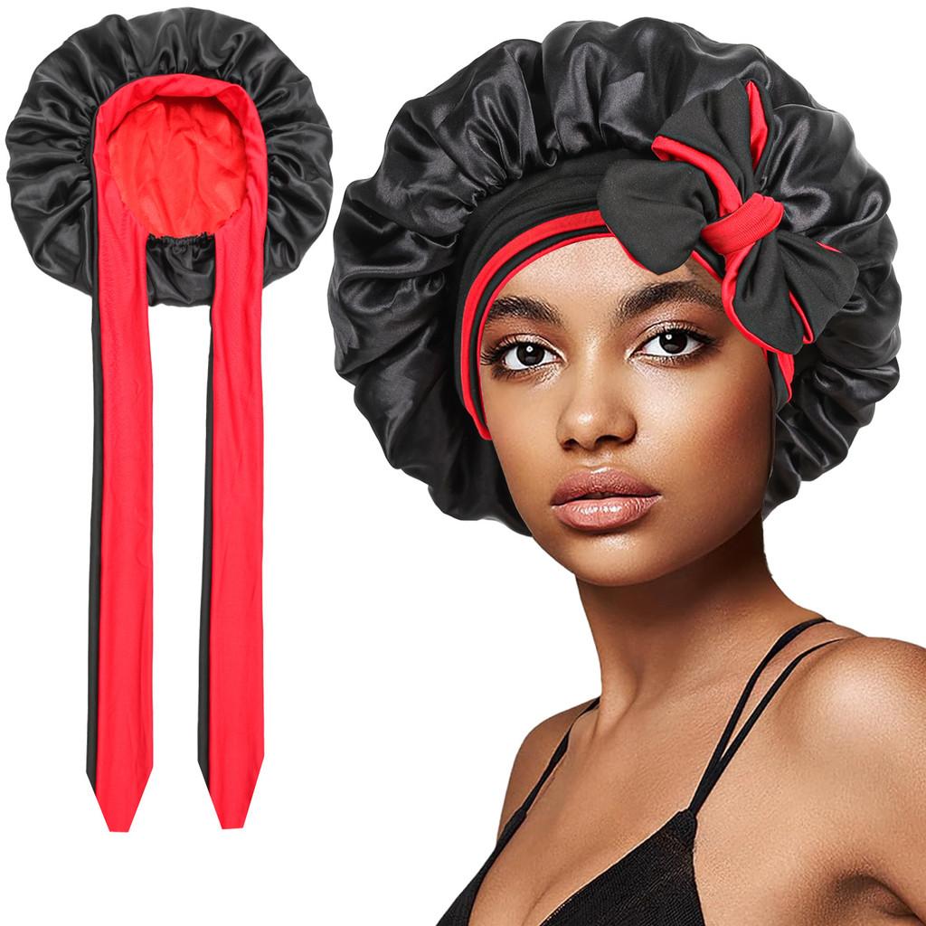 Polyester Double Layer Satin Sleep Cap With Bow Tie For Women And All Seasons Comfort