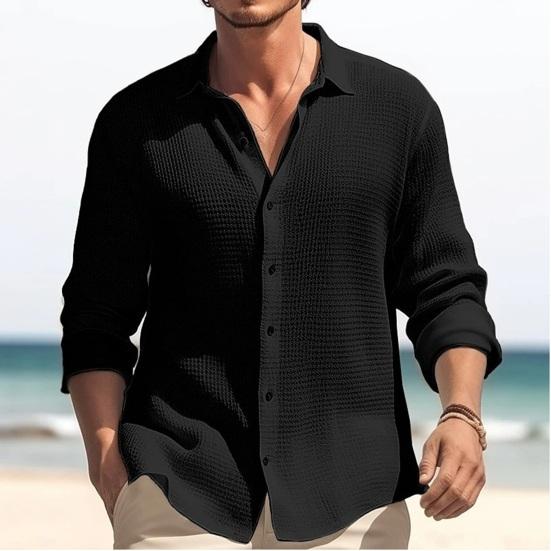 Men Fall Spring Shirt Lapel Single-breasted Solid Color Loose Long Sleeve Casual Soft Breathable Mid Length Men Daily Top