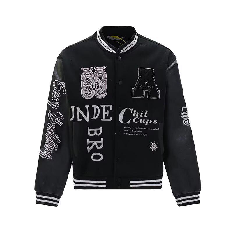 Unisex American Purple Letter Embroidery Color Block Baseball Jacket - Loose Fit, Spring 2025 High Street Trend.