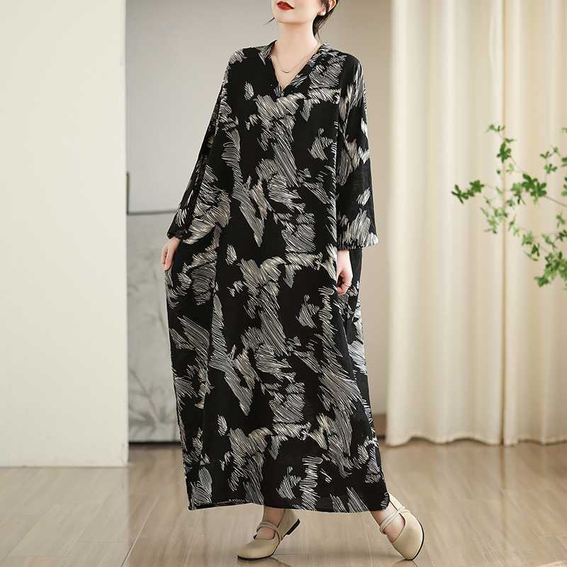 Colorful Travel V-neck Retro Long Skirt Cotton Linen Dress