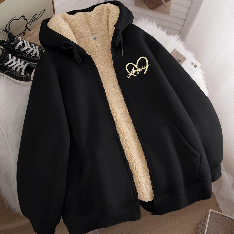 Unisex Hooded Zip-Up Fleece-Lined Cardigan - Warm Winter Lamb Wool Jacket (Apricot)