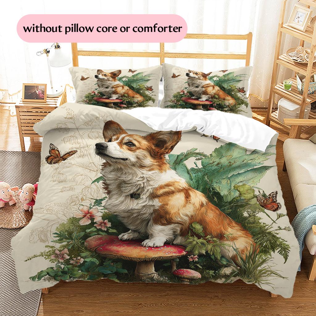 Corgi und Pflanzen Muster Bettwäsche Heimdekoration Geburtstagsgeschenk (1 Bettbezug + 2 Kissenbezüge, ohne Füllung)