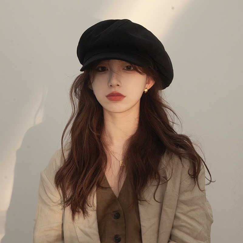Beret Women's Spring and Autumn Retro Versatile Corduroy Octagonal Hat Big Head Circumference Showing Face Small Painter Hat