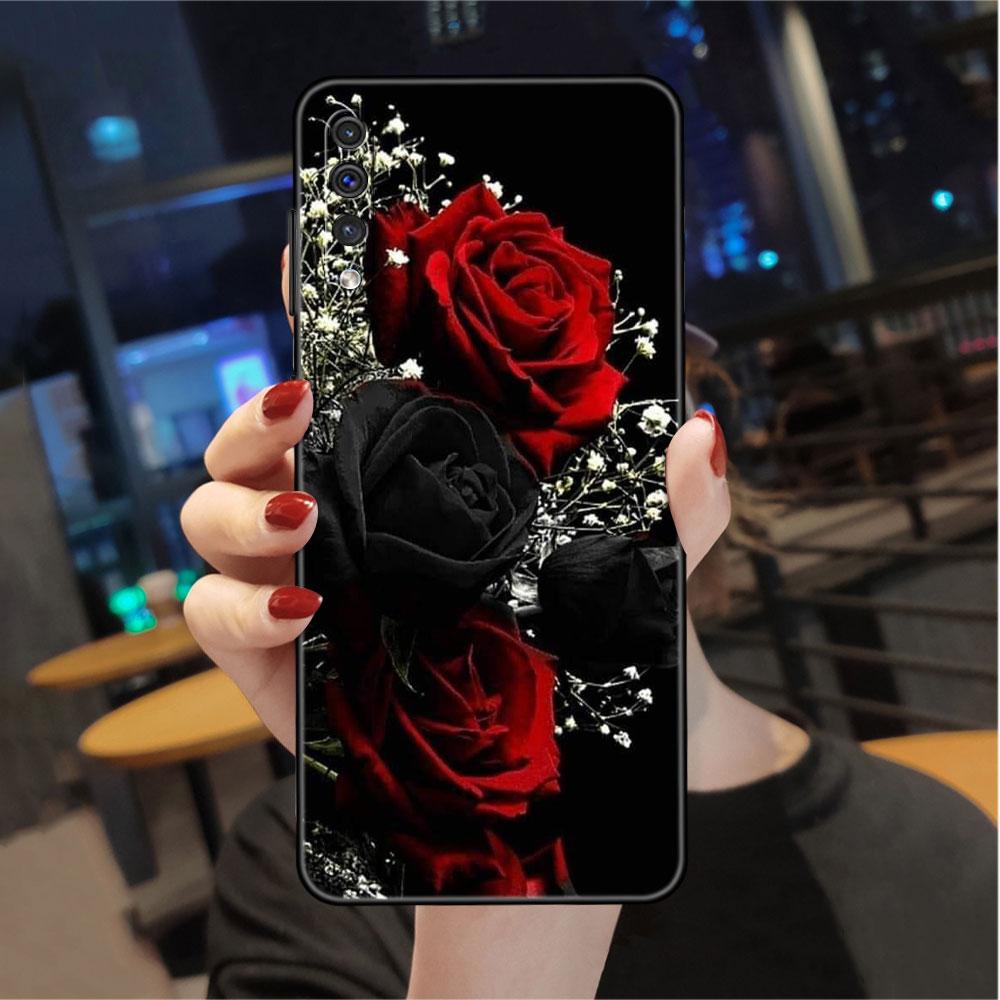 Case For Samsung Galaxy A50 A70 A30 A20s A20e A10 A40 A10s A10e M52 M51 M31 M30s M21 Black Phone Cover Bright Red Rose Flowers