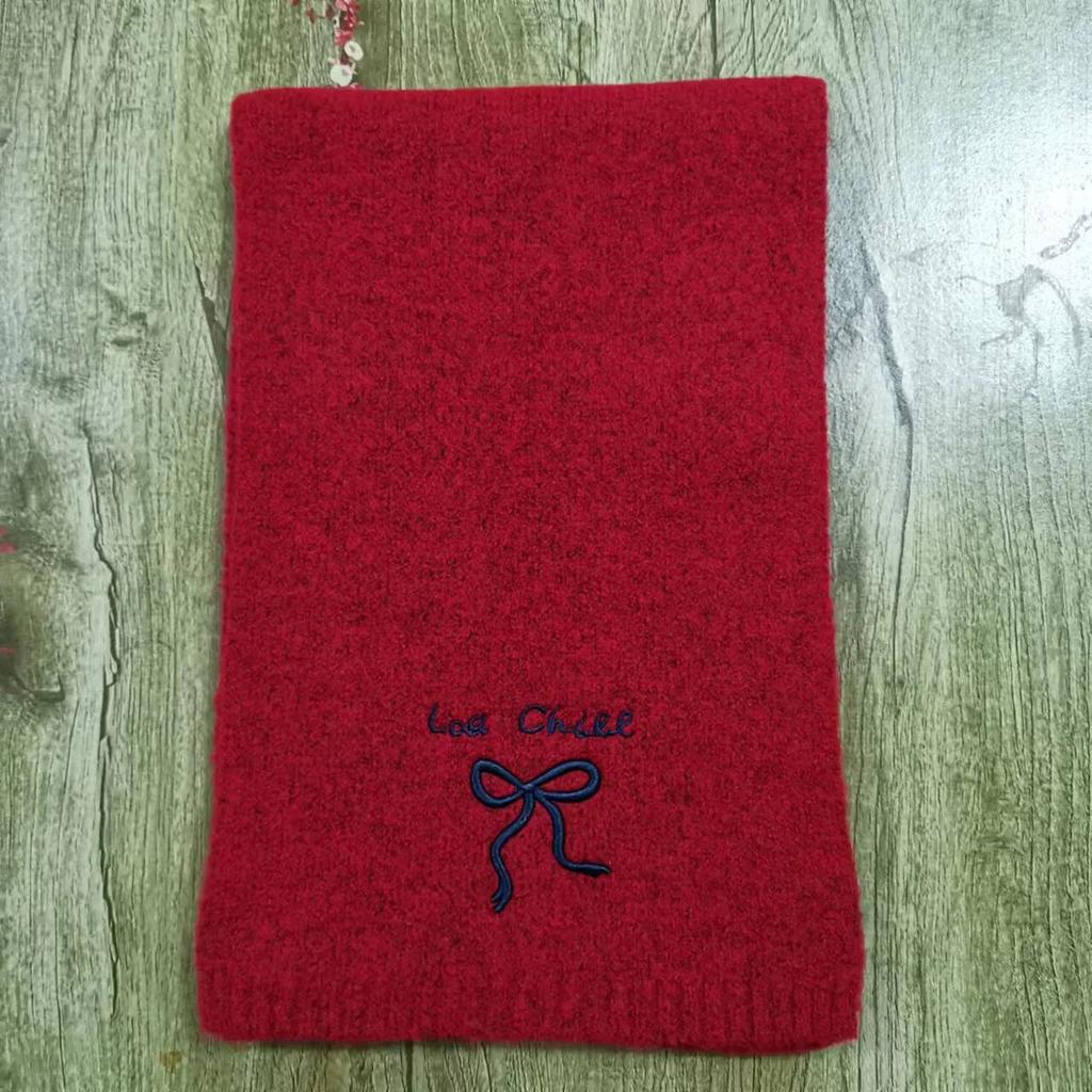 Solid Color Bow Embroidered Scarf Korean Fashion Women Sweet Autumn Winter Imitation Cashmere Knitted Scarves Thicken Soft Shawl