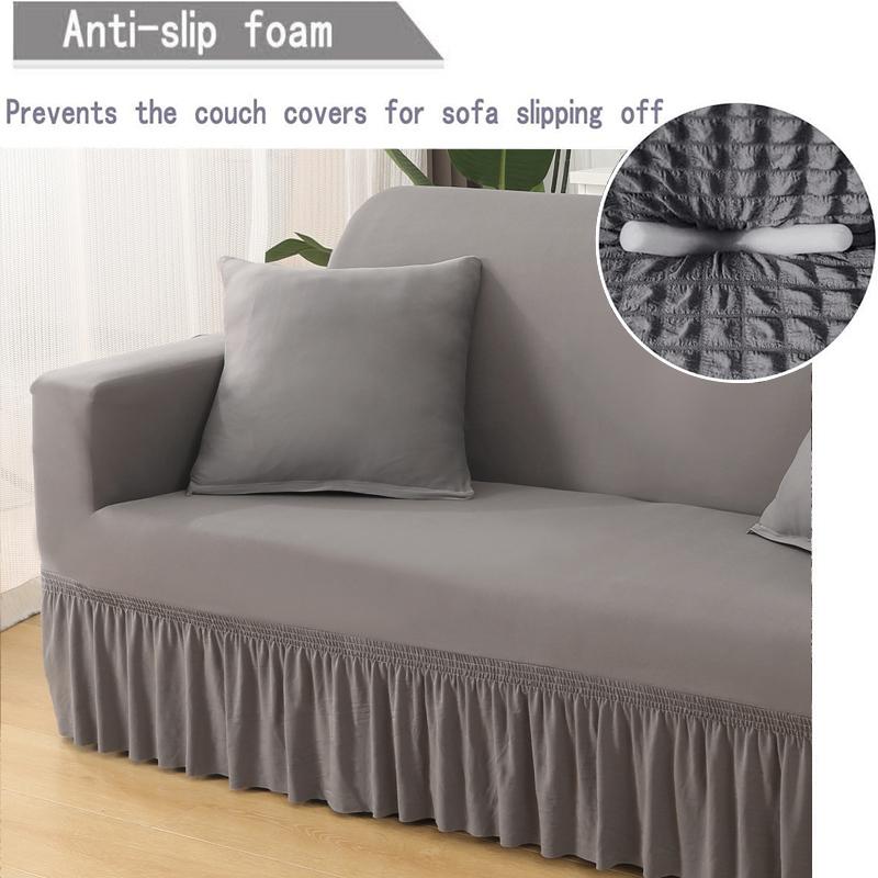 High Elastic Stretchable Cushion Couch Sofa Cover with Skirt Seersucker Sofa Slipcover Easy Fitted  Furniture Protector