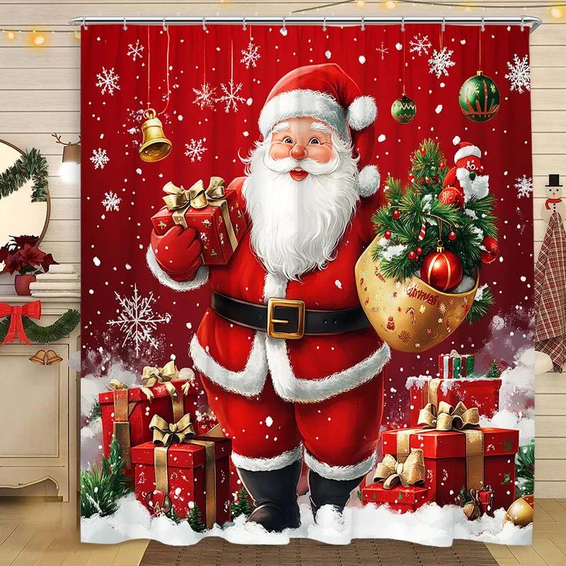 Christmas Shower Curtain Snowman Santa Claus Winter Snow Scene Christmas Gift Polyester Fabric Shower Curtains Bathroom Decor