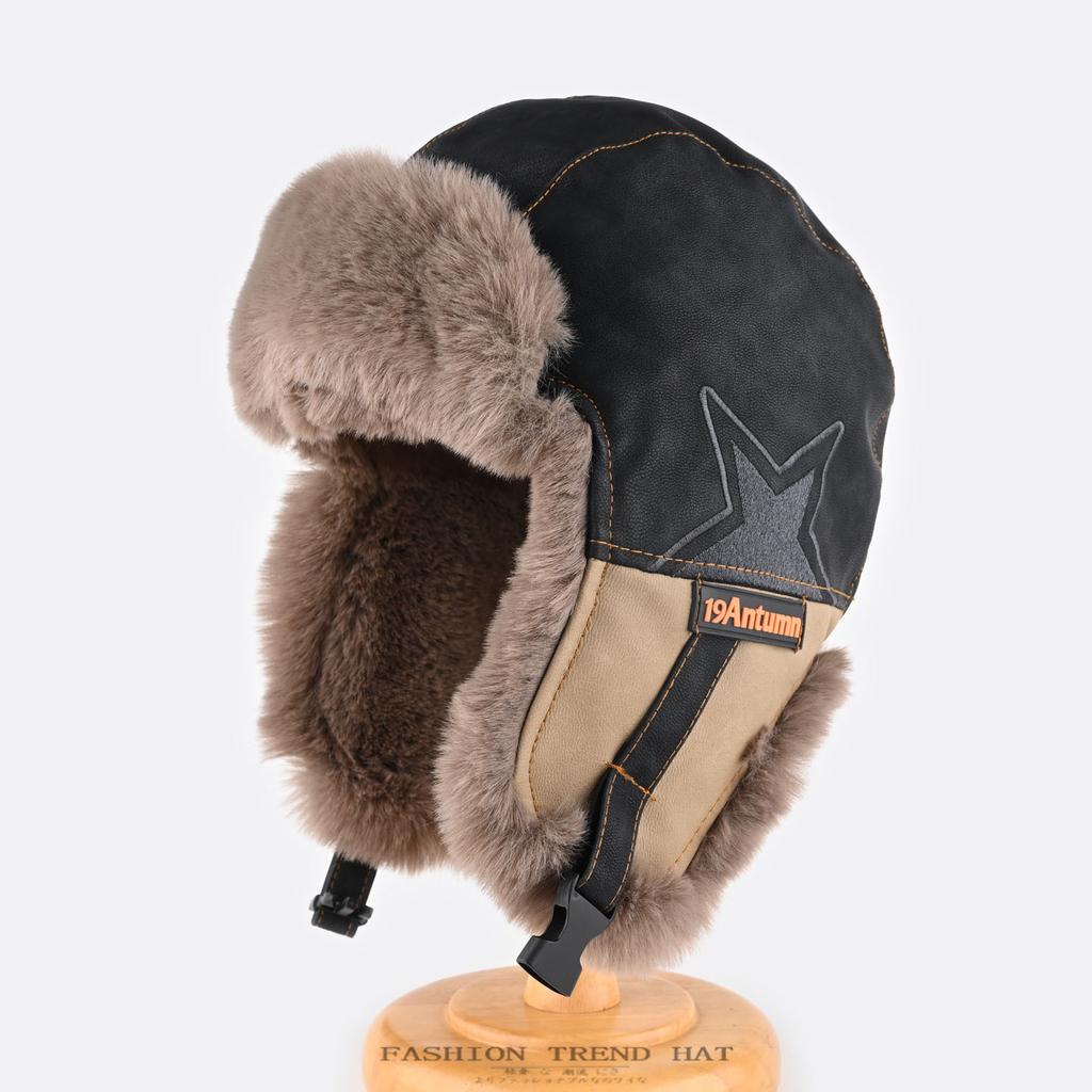 Leather Hat Men's and Women's Winter Velvet Thickened Warm Ear Protection Hat Outdoor Cycling Cold Snow Hat