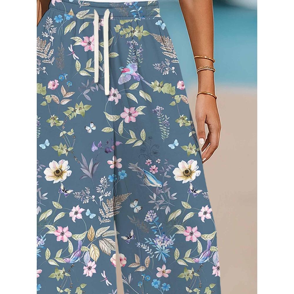Women's Bohemian Wide Leg Pants with Elastic Waist and Drawstring - Colorful Floral Pants