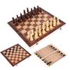 New 3 In 1 Portable Wooden Chess Set - Folding Travel International Chess, Checkers, Backgammon Board Game With Storage Case