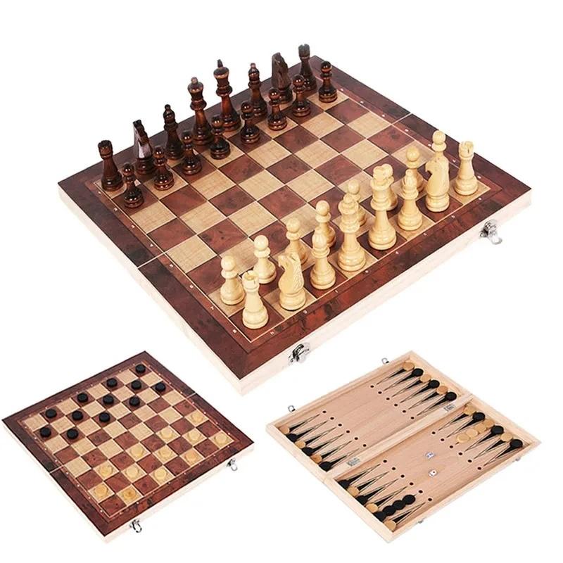 New 3 In 1 Portable Wooden Chess Set - Folding Travel International Chess, Checkers, Backgammon Board Game With Storage Case