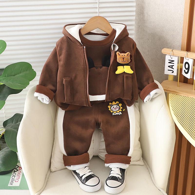 

Baby Boys Clothing Set Autumn Winter Cartoon Lion Fleece Thick Hooded Jacket Coat Pants 3Pc Suit for 1-4 Years Kids Warm Outfits 80