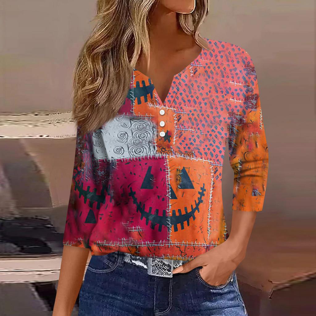 Women's Fashion Button-Up V-Neck Three-Quarter Sleeve Halloween Print Top