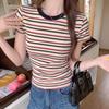 Striped Contrasting Color Front Shoulder T-shirt Women's Summer New Slim and Thin Short-sleeved Spice Girl Style Bottom Top