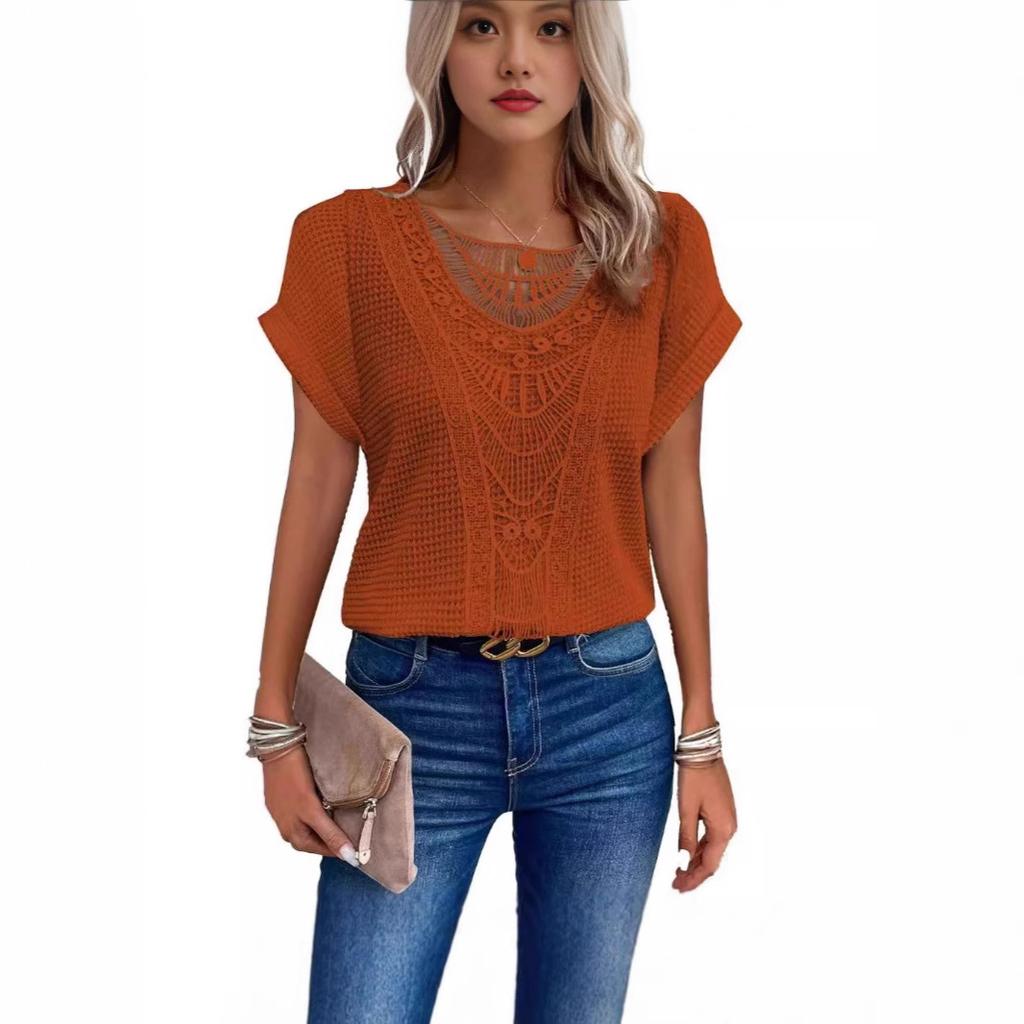 Solid Color Lace Patchwork Short Sleeved Women’s T-shirts