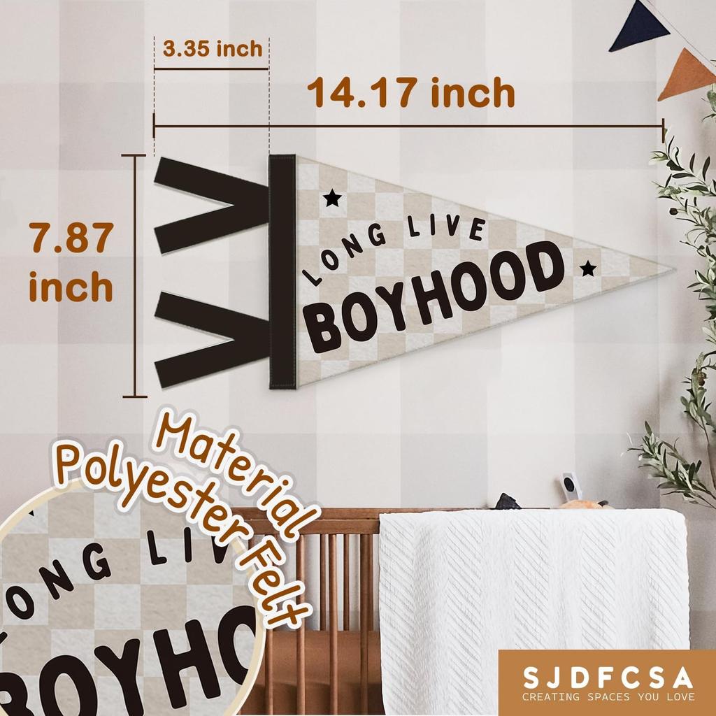 Boys Room Decor, Long Live Boyhood Wall Hanging Pennant Flag Banner, Preppy Neutral Beige Checkered Wall Decorations for Kids Boys Toddler Nursery