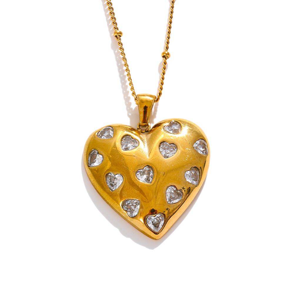 Yhpup Shiny Cubic Zirconia Heart Love Golden Necklace Pendant 316L Stainless Steel Romantic Premium Jewelry Waterproof