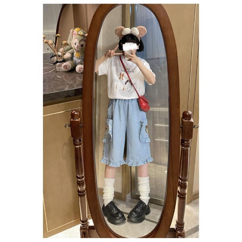 

Kids Denim Wide-Leg Capris Ruffled Trim Elastic Bear Embroidery M синий