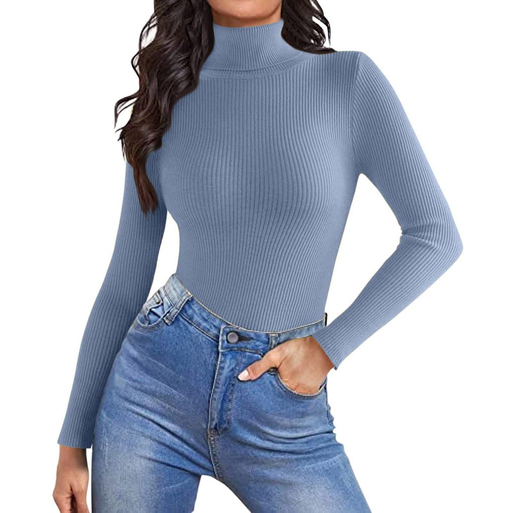 Women's Fashion High Neck Slim T-Shirt Long Sleeve Pullover Solid Colour Top