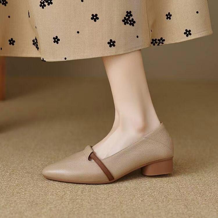 Single Shoes Women's 2025 Autumn New Comfortable and Versatile Thick Heel Soft Leather Soft Sole Not Tired Foot Pedal Pointed Low Heel Shoes