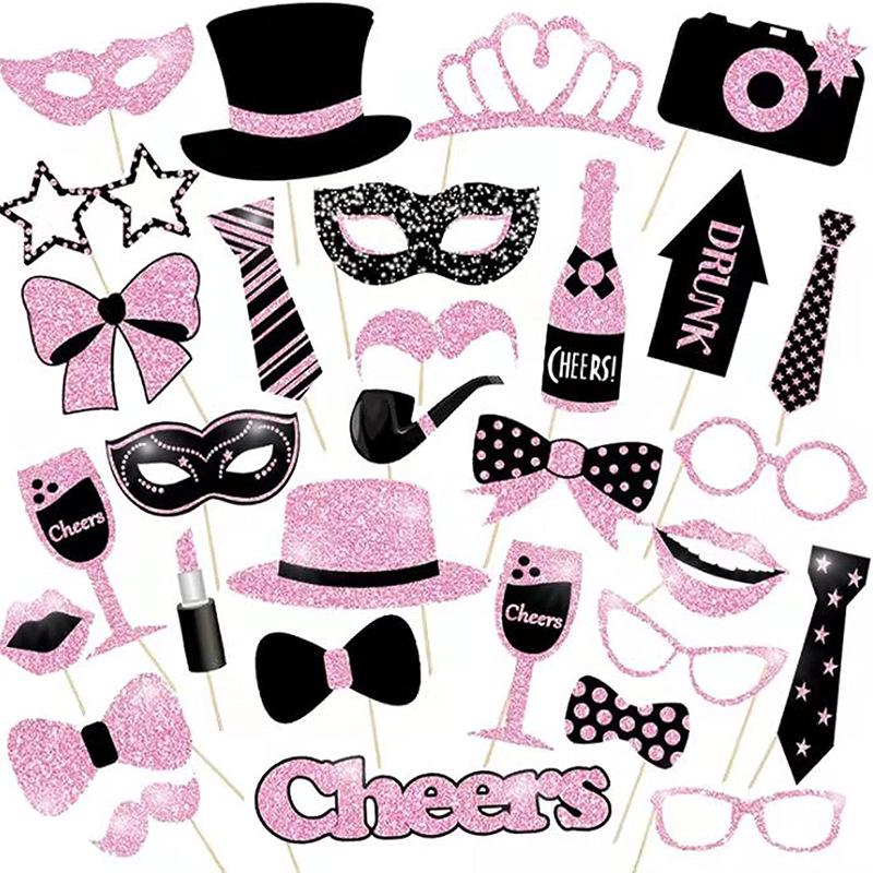 30 Glitter Photo Props: Black & Gold Wedding, New Year, Birthday Party Decorations