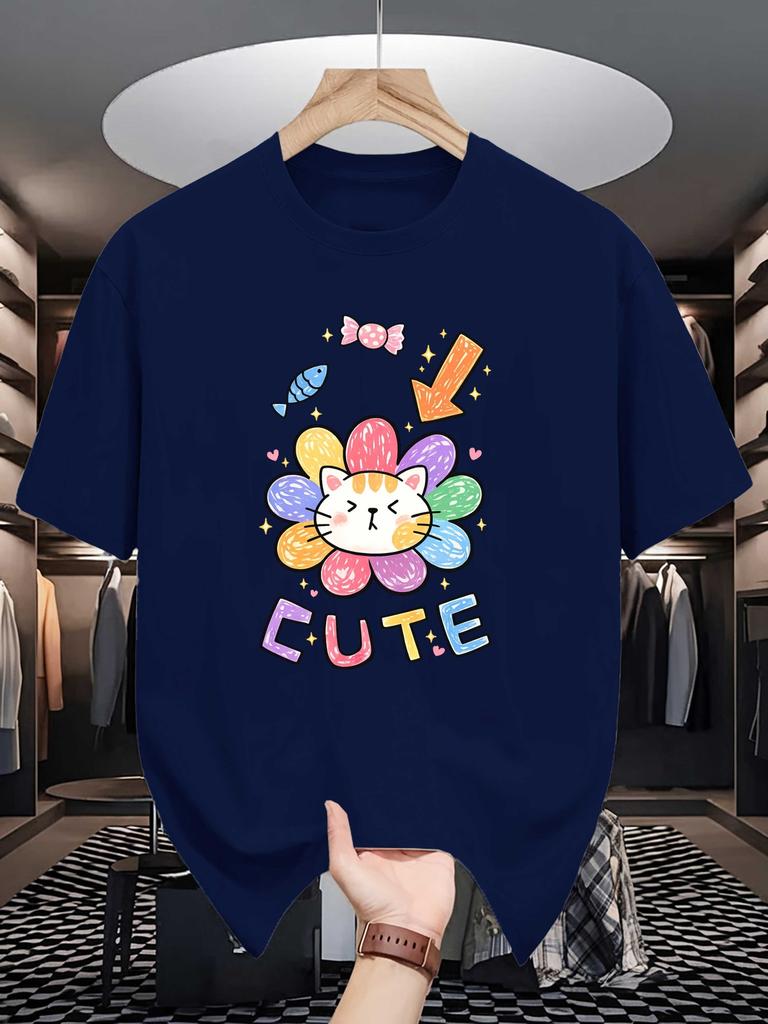 Cute Cat Unisexs Crew Neck T Shirt Rainbow Flower Kitty Candy Fish Kawaii Cartoon Colorful Letter Graphic Short Sleeve Casual Tops
