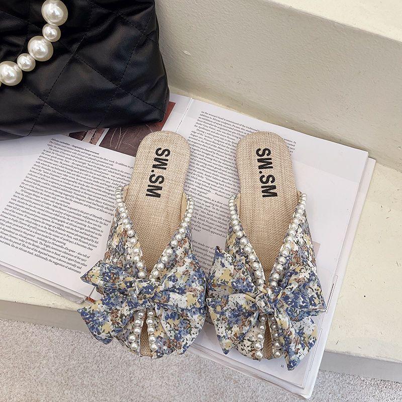 Slippers female summer wear small floral flat bottom fish mouth sandals fashion one pedal bag head half drag