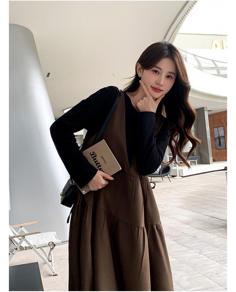 Khaki Faux Two-Piece Spliced A-Line Dress - Women's Mid-Length Spring 2025 French Sweet Style Pinafore Dress